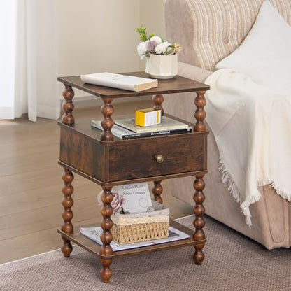 AWASEN Night Stand, Bed Side Table Bedroom with Drawer, 3-Tier Small Nightstand End Table with Storage for Small Spaces &Solid Wood Spindle Legs, Rustic Brown - color: Rustic Brown