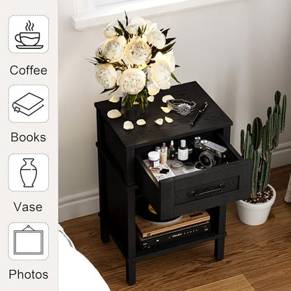 Black Nightstand with Drawers,Small Night Stand,Black Bedside Table | Morden Nightstand,Black Wood Nightstand,Bedside Table with Drawers,Farmhouse End Table,Black Side Tables Bedroom LET512B - color: Black