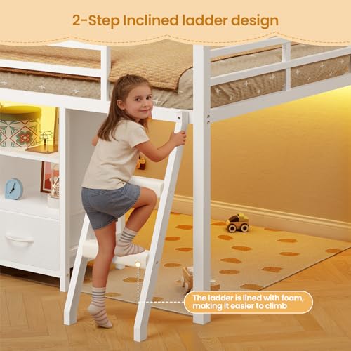 BTHFST Low Loft Bed Twin Size with 3 Storage Drawers, 3-Tier Kids Bookshelf, 5 Open Cubbies and 2 LED Lights Strips, Metal Kids Loft Bed with High Safety Guardrail, Inclined Ladder and Play Area - color: White