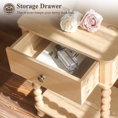 AWASEN Night Stand, Small End Table with Storage for Living Room, Farmhouse Bedside Side Table with Spindle Wood Legs for Bedroom, Office, Natural - color: Natural
