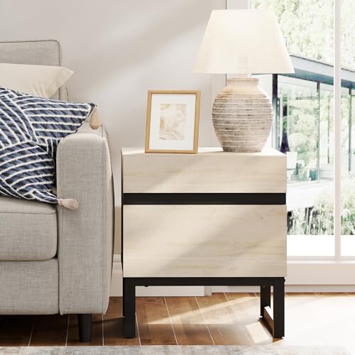 WAMPAT Modern End Table with 2 Drawers, Farmhouse Sofa Table Featuring Black Square Iron Legs, Rustic Wood Side Table for Living Room or Nightstand for Bedroom, Light Oak - color: Light Oak