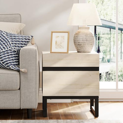 WAMPAT Modern End Table with 2 Drawers, Farmhouse Sofa Table Featuring Black Square Iron Legs, Rustic Wood Side Table for Living Room or Nightstand for Bedroom, Light Oak - color: Light Oak