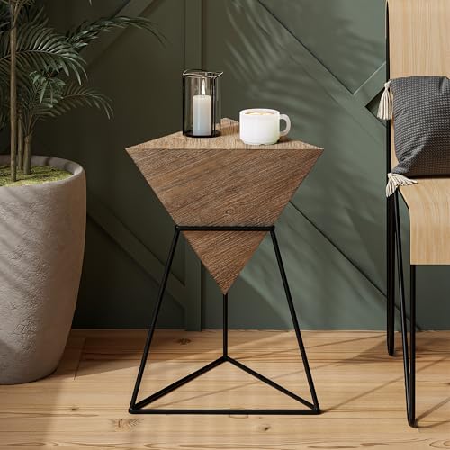 COZAYH Modern Geometric End Table with Wooden Top and Metal Base, Unique Pyramid Side Table Plant Stand for Office, Living Room, Bedroom, Fully Assembled, Triangle, Brown, Nature - color: Brown