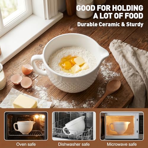 COFUN Ceramic Mixer Bowl for KitchenAid 4.5-5 Qt Tilt-Head Stand Mixers | Mixing Bowl with Handle & Pour Spout, Oven/Microwave/Dishwasher Safe - color: Whier-Ceramic