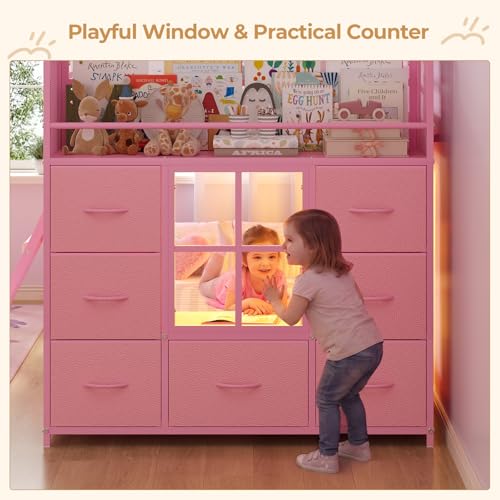 BTHFST Low Bunk Bed Twin Over Twin with 7 Large Fabric Drawers & Bookshelf, Metal Bunk Bed with RGB LED Lights & Slanted Ladder & Safety Guardrail, Space-Saving Kids Low Loft Bed Twin, Pink - color: Pink