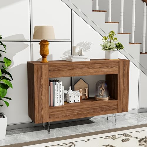 47" Console Table with Hidden Storage, Adjustable Shelves, Brown Wood Grain | Farmhouse sofa table for behind couch, living room, or hallway, entryway table with concealed cabinets & adjustable shelves - color: L-brown