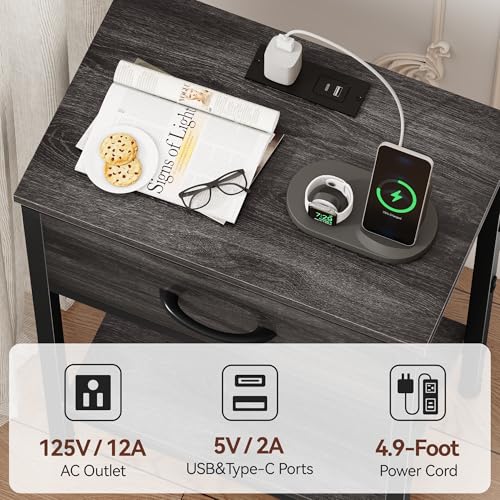 Vagusicc Nightstand Set of 2 with Charging Station, Bed Side Table with Fabric Drawer, Small End Table with 2-Tier Open Shelves, 25.4" Tall Night Stand Bedside Table for Bedroom Living Room, Black Oak - color: Black Oak (2 Pack)