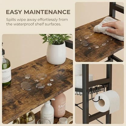 76" H Over the Toilet Storage Rack, 4-Tier Bathroom Organizer with Toilet Paper Holder & Hooks, Metal Frame with Wooden Shelves, Space Saver for Small Bathroom, Rustic Brown and Black - size: 4-tier