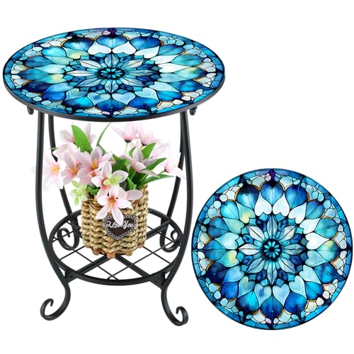 Cinnvoice Outdoor Side Table Round Small Mosaic Patio Accent Indoor End Plant Coffee Tea Table for Yard Patio Porch Garden Living Room, Bedroom(Mandala Style,12 Inch) - size: 12 Inch, style: Mandala Style