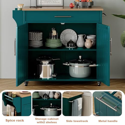 Kitchen Island with Storage, Wooden Countertop Rolling Kitchen Island On Wheels Storage Cabinet, Mobile Kitchen Island Cart with Towel Rack, Spice Rack and Drawers,Green - color: Green