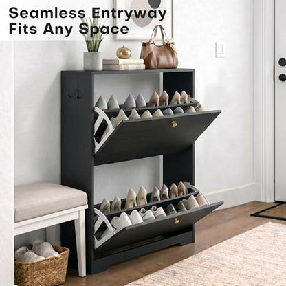 Nicetree Shoe Cabinet with 2 Flip Drawers, Narrow Shoe Organizer Cabinet, Freestanding Shoe Rack Cabinet, Modern Shoe Storage Cabinet for Entryway, Hallway, Foyer, Black with Hook - color: Black, style: 2-Drawers with Hook