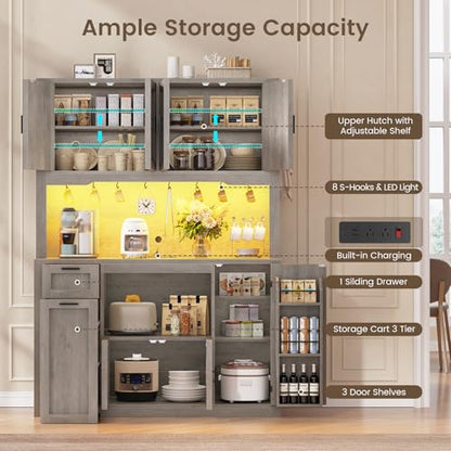 Itaar 71" Pantry Cabinet with Charging Station and LED Light, Kitchen Pantry Cabinet with Microwave Stand, 47.2" Wide Kitchen Storage Cabinets with Storage Cart 3 Tier for Dining Room, Grey - color: Grey