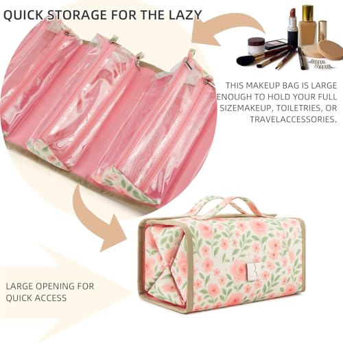 Roll Up Makeup Bag, Travel Toiletry Bag for Women with 4 Clear TSA Approved Pouches, Hanging Travel Organizer, Folding Cosmetic Bag for Men and Women - color: printing