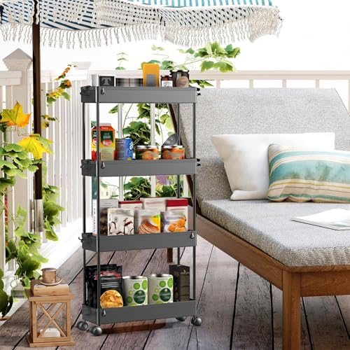SPACEKEEPER Slim Rolling Storage Cart 4 Tier Bathroom Organizer Cart Mobile Shelving Unit Slide Out Utility Cart for Kitchen, Bthroom, Makeup, Craft, Laundry Narrow Places, Black - color: Black
