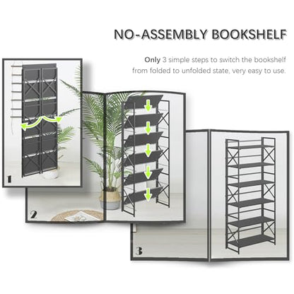 4NM 6 Tiers No Assembly Book Shelves, 61.8" H Folding Bookshelf Bookcase Open Industrial Foldable Shelves for Bedroom, Living Room, Home Office - All Black - color: All Black, size: XX 6-Tier