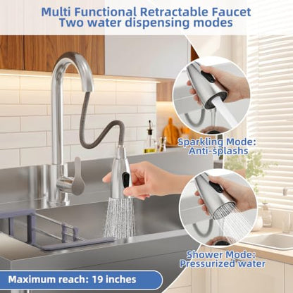 Stainless Steel Utility Sink, 29.5" Single Bowl Freestanding Laundry Sink with 360° Hot & Cold Water Faucet, Hoses & Drain Kit, Outdoor/Indoor Commercial Sink for Kitchens, Garage, Laundry Room - size: 29.54" x 19.7" x 35.2"
