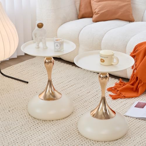 2-Pack Modern Round Side Table - White Tabletop & Gold Pedestal Base, Stylish Accent End Table for Living Room, Bedroom & Office (White Set) - color: Cream White+cream White