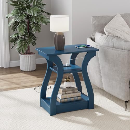 FROMJBEST End Tables Living Room, End Table with Charging Station Navy Blue | Side Table Living Room, with USB Ports and Outlets, Nightstand for Bedroom, 3-Tier Storage Shelf, Bedside Table - color: Navy Blue