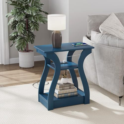 FROMJBEST End Tables Living Room, End Table with Charging Station Navy Blue | Side Table Living Room, with USB Ports and Outlets, Nightstand for Bedroom, 3-Tier Storage Shelf, Bedside Table - color: Navy Blue