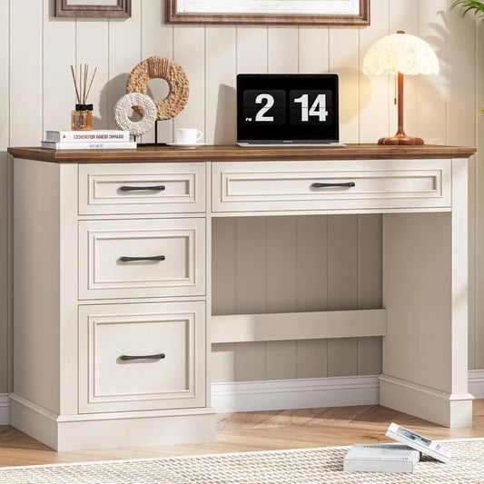 Halitaa Farmhouse 47" Executive Desk with 3 Drawers and Adjustable File Drawer, Workspace for Home Office and Study, Unique White. - color: Unique White, size: Without Charging Station