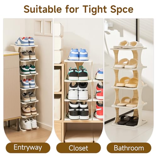 UFORU Vertical Shoe Rack 6 Tier, Narrow Free Standing Shoe Organizer for Closet, Entryway & Bedroom, Tall Plastic Narrow Shoe Rack for Small Spaces, Stackable Shoe Organizer& Easy to Assemble