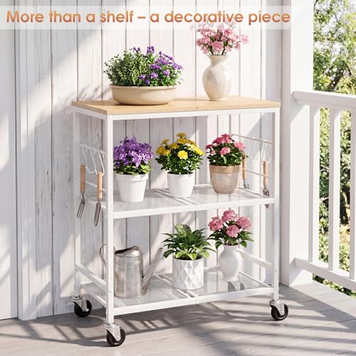 Rolling Kitchen Microwave Cart, 3-Tier Cart with Lockable Casters, 6 S Hooks for Towels, Rolling Kitchen Storage Rack, Space Saving Stand for Small Kitchen, Apartment, Coffee Bar - color: White
