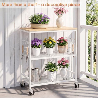 Rolling Kitchen Microwave Cart, 3-Tier Cart with Lockable Casters, 6 S Hooks for Towels, Rolling Kitchen Storage Rack, Space Saving Stand for Small Kitchen, Apartment, Coffee Bar - color: White