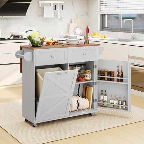 Giantex Kitchen Island Cart with Hidden Tilt Out Trash Can Cabinet, Drop Leaf, 2 Drawers, Towel Rack, Rolling Mobile Breakfast Bar Table, Wood Kitchen Storage Cart on Wheels (Grey & Natural) - color: Grey