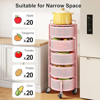 SAYZH Fruit Vegetable Basket for Kitchen, Rotating Storage Rack, 5 Tier Rolling Cart with top lid, Large Metal Wire Wheels, Pink - color: Pink
