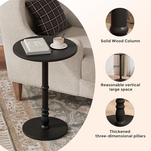 Homleke 16" Round Side Table with Solid Wood Pillar, Large Drink Table | Accent Table for Sofa Side, Wood Top & Base, Easy Assembly, Living Room, Bedroom, Office, Black - color: Black