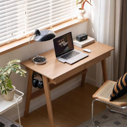 100% Solid Rubber Wood Desk Home Office Desk Mid Century Modern Writing Computer Desk with Drawer for Home Office 39.37" W Natural Wood - color: Natural Wood-rubberwood, size: 39.37"W