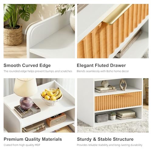 ZIFTY Fluted Nightstand with Charging Station, White Bedside Table with Drawer and Storage Shelves Modern End Table Side Table for Bedroom Living Room, Night Stand Bedroom Furniture Apartment Decor