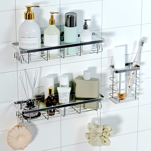 Shower Caddy Organizer with Hooks,Self Adhesive Bathroom Shelves,Shower Shelves,No Drilling Bathroom Organizers and Storage,Perfect for RV, Apartment, Home Decor,Silvery 3PK - color: Silvery, size: 3 Pack