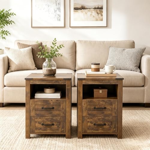Farmhouse Nightstand Set of 2, Bedside Table with 2 Drawers Storage, End Table with Open Shelf, Night Stand for Bedroom Without Charging Station, Brown - color: Brown, size: 2pcs without Charging