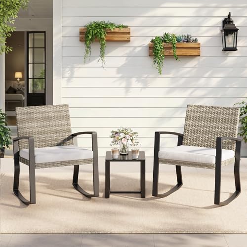 Qsun 3 Pieces Outdoor Patio Furniture Set Rocking Bistro Set, Outdoor Patio Furniture Set with Coffee Table for Garden Balcony Backyard Poolside (Light Grey Cushion) - color: Light Grey