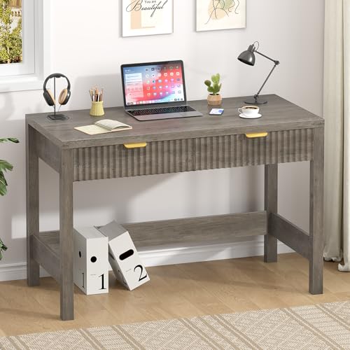 YOMILUVE Fluted Computer Desk with 2 Drawers, 39 Inch Small Computer Desk with Storage, Compact Writing Study Desk for Small Spaces, Gray - color: Grey