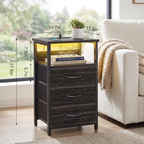 Fixwal Night Stand with Charging Station, LED Nightstand with Fabric Drawers, End Table with PU Finish, Bed Side Table, Black Oak - color: Black Oak, size: 27.6"H (3 drawers), style: Power+Light (1pc)