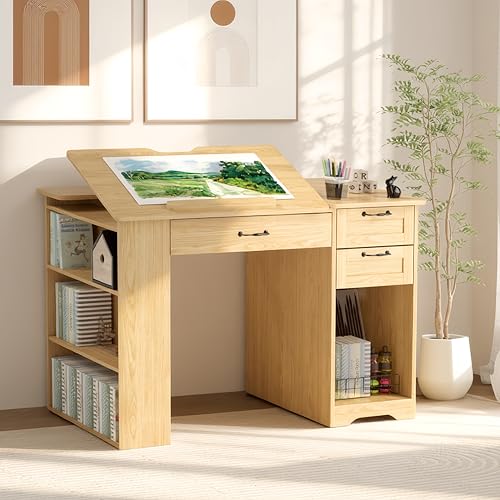 Drafting Table with Storage Cabinet & Drawers, Adjustable Drawing Desk with Open Shelves, Craft Table Painting Desk for Artists, Painters, Drawing, Crafting, Reading, Writing, Working - color: Oak