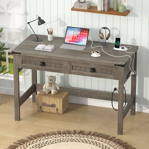 YOMILUVE Farmhouse Computer Desk with 2 Drawers, 39 Inch Small Computer Desk with Power Outlets, Home Office Desk Compact Writing Study Table for Small Spaces, Grey - color: Grey