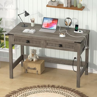 YOMILUVE Farmhouse Computer Desk with 2 Drawers, 39 Inch Small Computer Desk with Power Outlets, Home Office Desk Compact Writing Study Table for Small Spaces, Grey - color: Grey