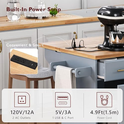 Kitchen Island with Trash Can Storage Cabinet and Power Outlet, Rolling Kitchen Cart on Wheels with Drop Leaf, Spice Rack, Towel Rack and Adjustable Shelf for Dining Room (60", Grey Blue) - color: Grey Blue