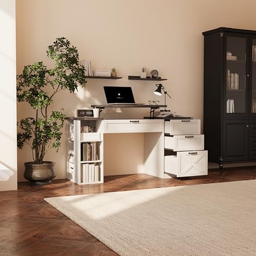 Farmhouse Lift Top Desk: Rustic Wood Standing Desk with 3 Drawers & Open Storage Shelves, Adjustable Height, White & Brown Home Office Computer Desk for Work, Study, Writing (White+Dark Walnut) - color: White+dark Walnut