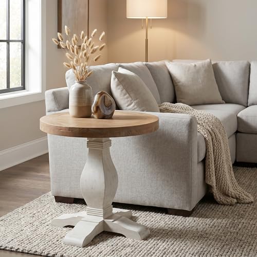 Martin Svensson Home Napa Solid Wood Pedestal End Table, White & Driftwood | Farmhouse Rustic, Pine Wood, Round Side Table, Nightstand, 2" Plank Top, for Living Room or Bedside, 26" W x 26" D x 25" H - color: White and Driftwood