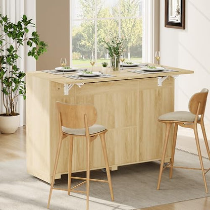 IDEALHOUSE 53.1" Rattan Kitchen Island with Storage, Rolling Dining Cart with Trash Storage Cabinet, Mobile Island Cart with Drop Leaf, Adjustable Shelves, Drawer, 5 Wheels (Natural) - color: Natural