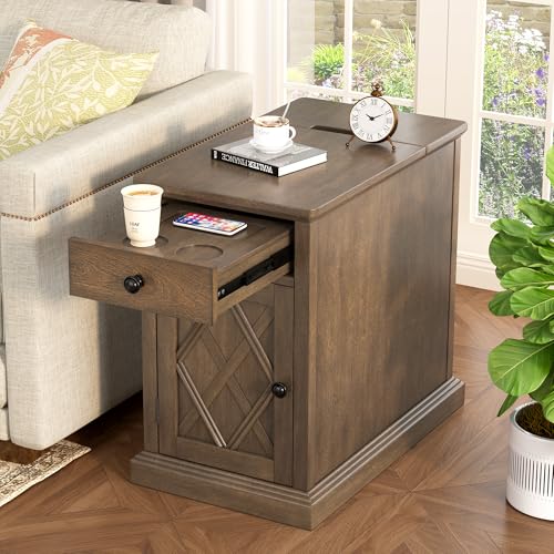Multifunctional Classic Vintage End Table with USB Ports and 1 Drawer with Cup Holders, Sofa Side Narrow Table with Storage, Bedside Nightstand for Living Room Bedroom (Antique Brown-4.3) - color: Antique Brown-4.3