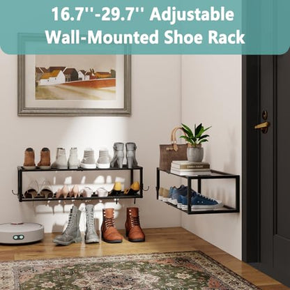 2 Pack 2-Tier Hanging Wall Mounted Shoe Rack, Space Saving Metal Expandable Shoe Rack Holds 12 Pairs, 16“-29” Adjustable Shoe Rack with 4 Hooks, Shoe Rack for Entryway Closet Door - size: 29.72" W x 11" L x 7.68" H