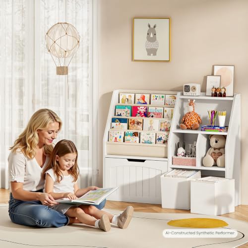 CHOEZON Kids Bookshelf, Children's Bookcase with 4 Sling Book Shelves, Toy Storage Cubby, Fabric Storage Baskets, Wooden Book Shelf for Kids' Room, Playroom, Nursery, Living Rooms, White MCW17WB - color: White