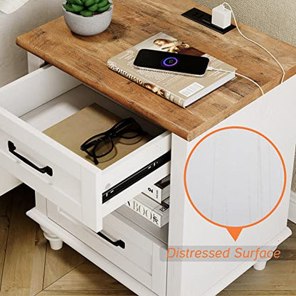 WAMPAT White Side Table with 2 Drawers & Charging Station, Mid Century Nightstand for Bedroom with Power Outlets & USB Ports, Wooden Bedside Table Night Stand with Shelf for Living Room, Antique White - color: Off White