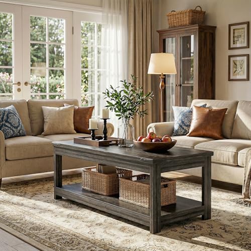 Homieasy 43.3” Rectangular Coffee Table with Storage Shelf, Grey | Farmhouse Wood Center Table for Living Room, Modern Black Tea Table with Open Shelf - color: Grey