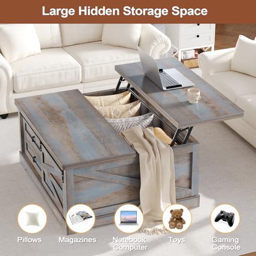 Itaar 39.4'' Lift Top Coffee Table with Storage, Farmhouse Coffee Tables for Living Room, Square Coffee Table with Large Hodden Compartment & 2 Drawrs & Adjustables Shelves (Blue) - color: Blue